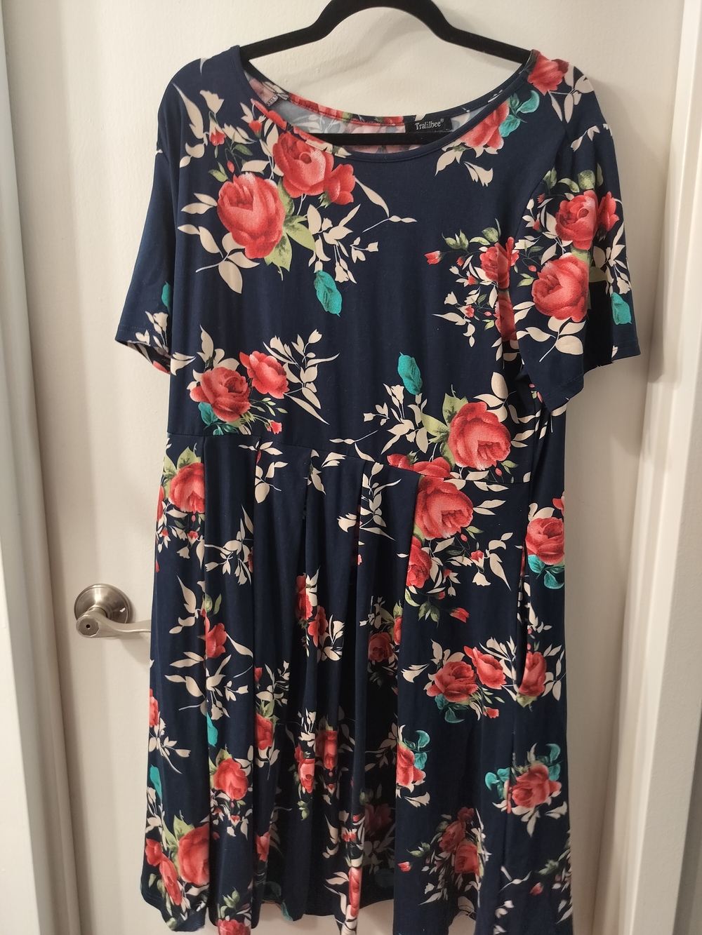Floral Navy Fit & Flare Dress with Red Rose Print